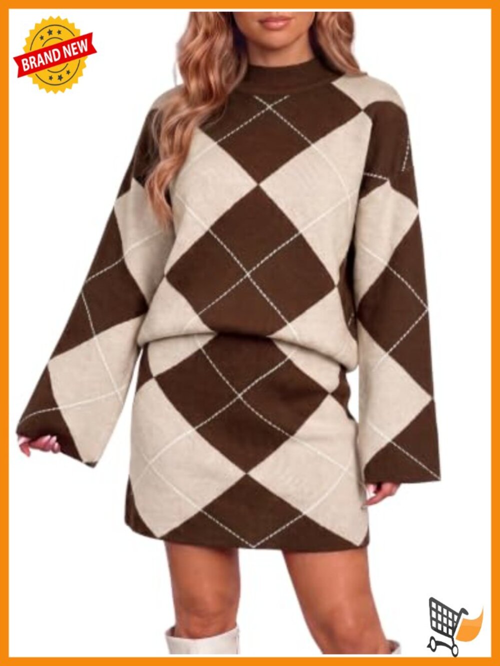 Wenrine 2 Piece Sweater Skirt Set Argyle Knit Mock Neck Mini Fall Outfit